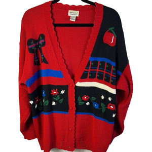 Napa Valley 1X Red Sweater with Floral and Bow Design gently worn 4 button down